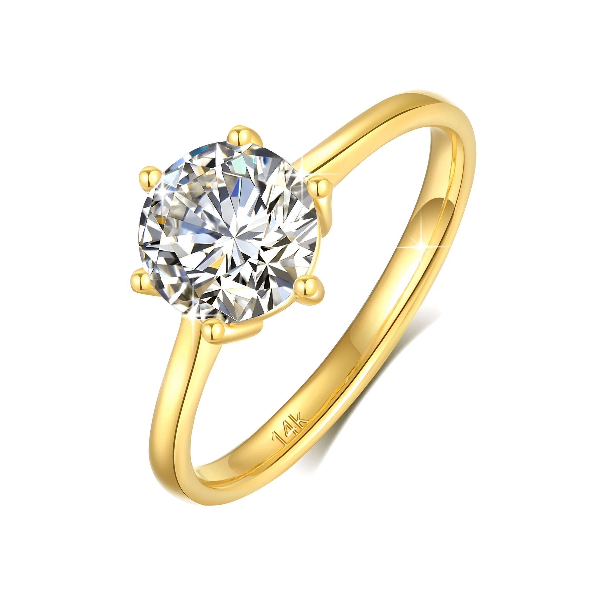 Bague solitaire classique Aurélia en or jaune 14K lumineux et diamant rond serti six griffes vue de côté.