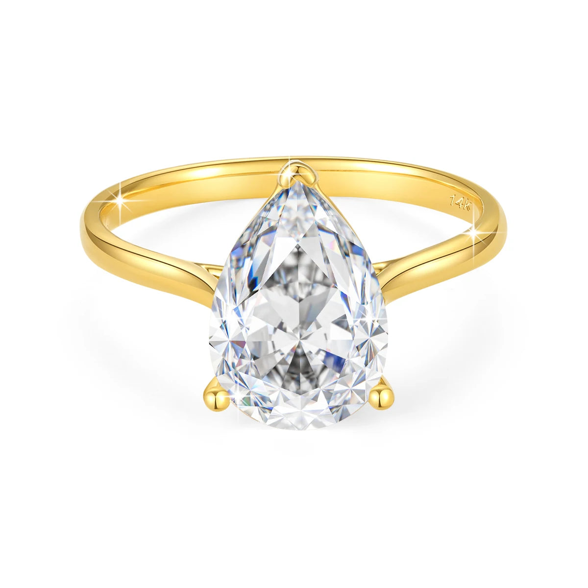Bague solitaire diamant goutte 2ct serti griffes Océana en or jaune 14K sur fond blanc.