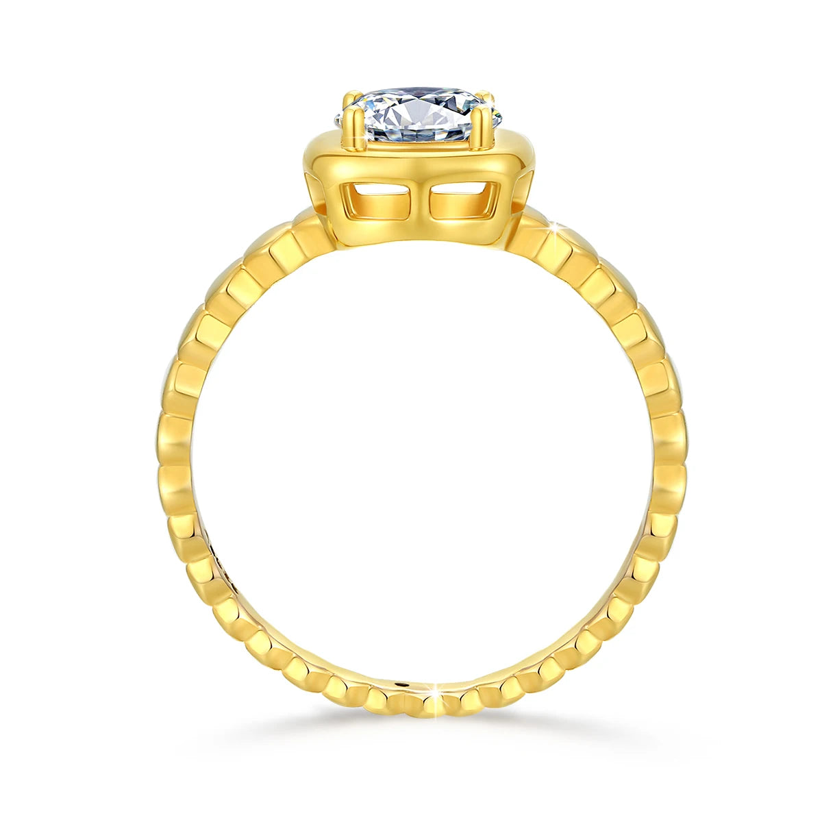 Bague solitaire granulé en or jaune et diamant synthétique vue latérale.