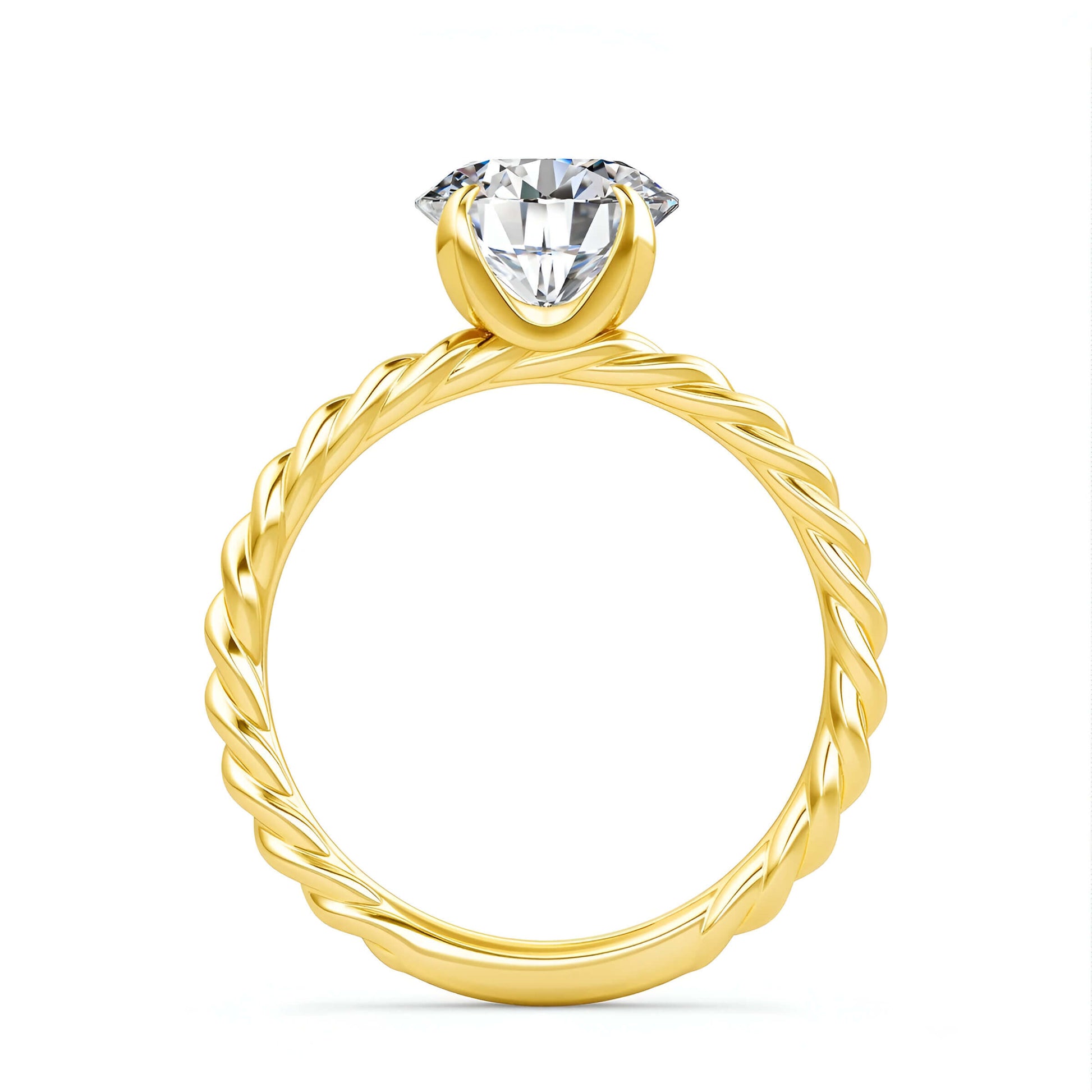 Bague solitaire ondulée en or jaune et diamant synthétique vue latérale.