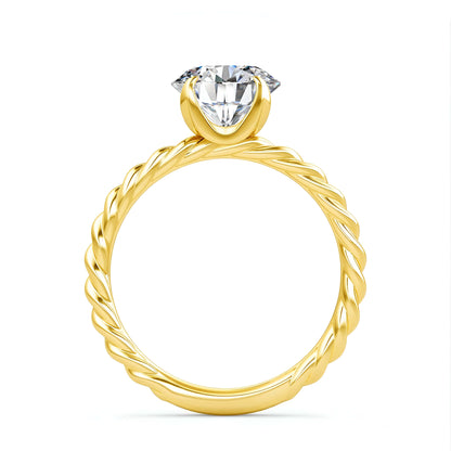 Bague solitaire ondulée en or jaune et diamant synthétique vue latérale.