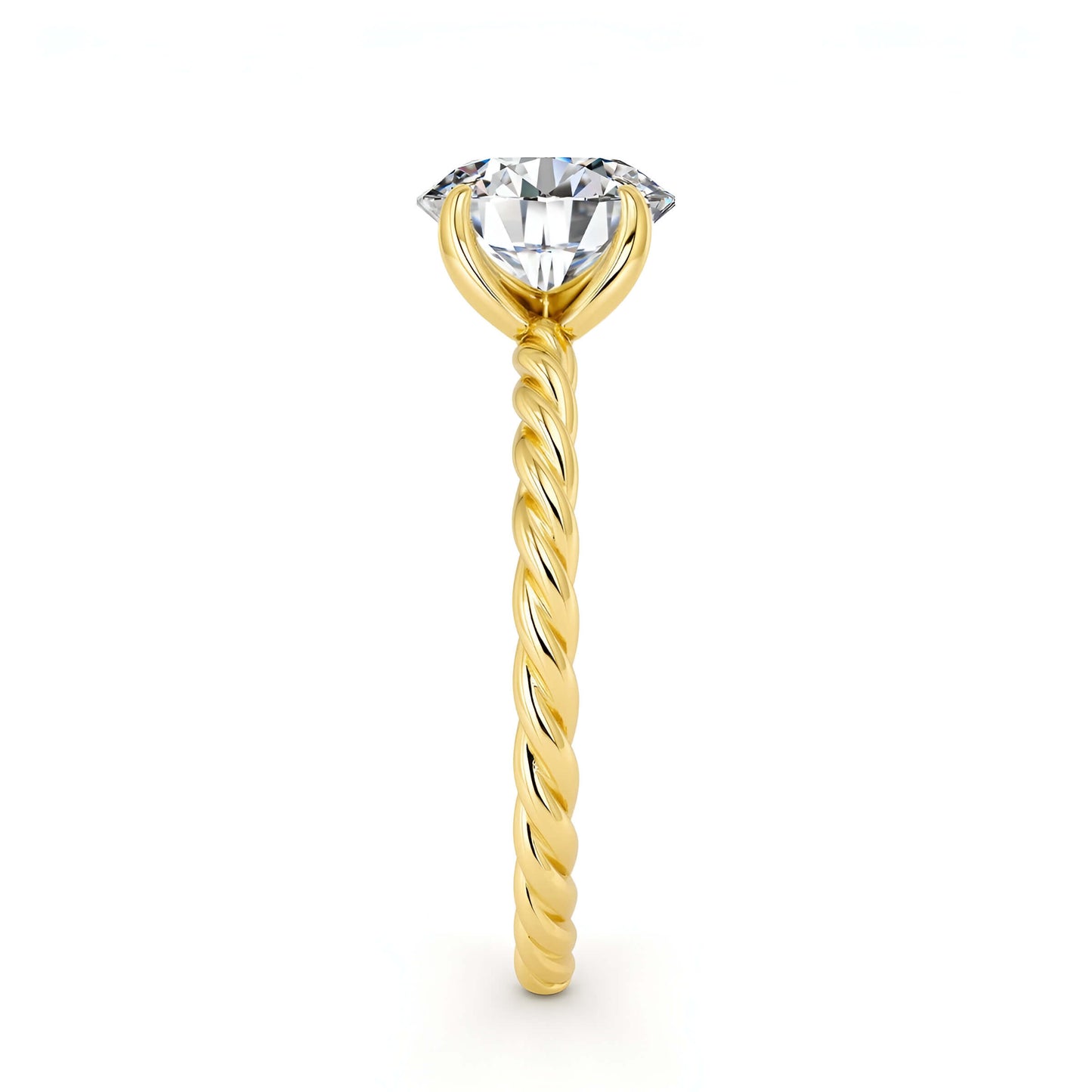 Bague solitaire ondulée en or jaune et diamant synthétique vue de profil.