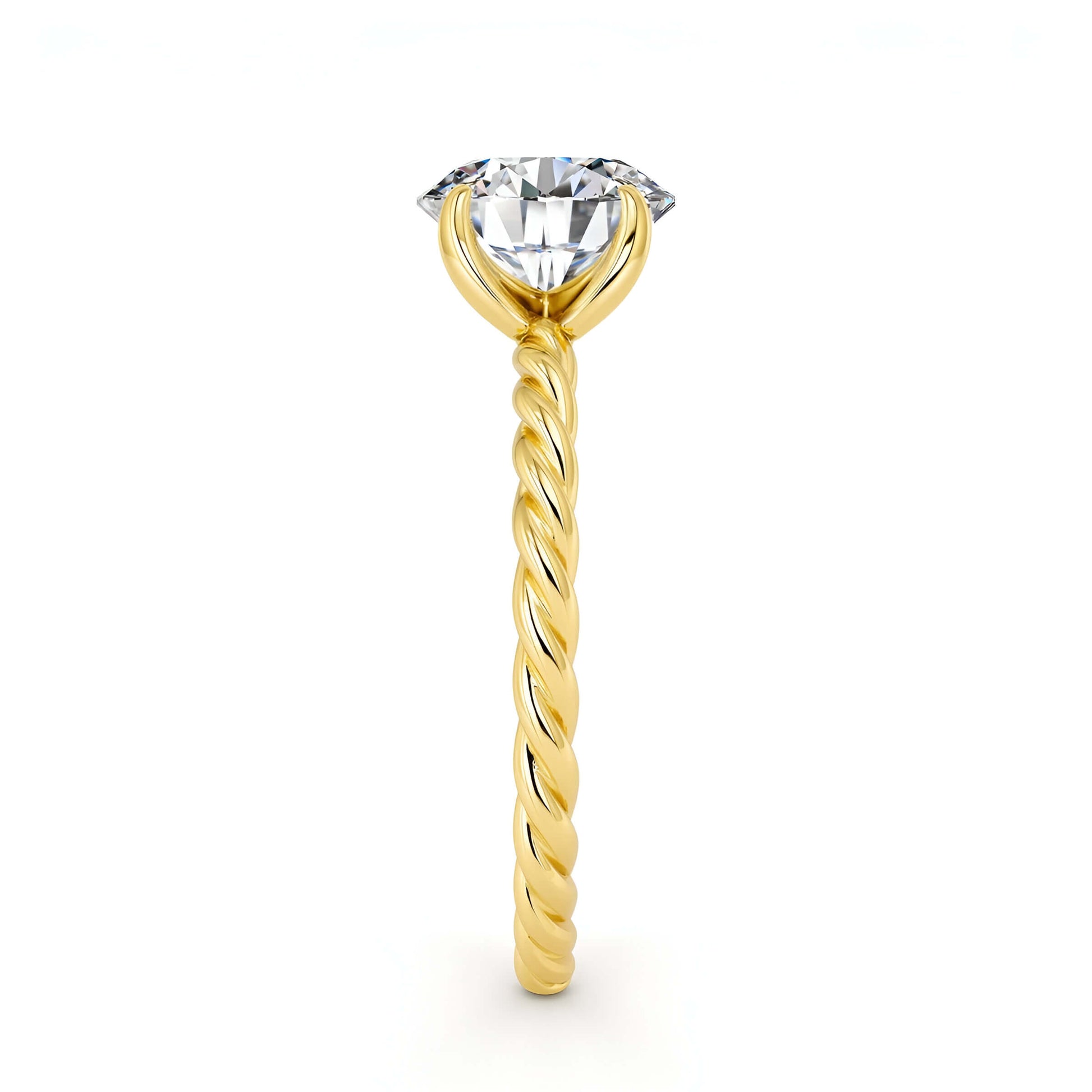 Bague solitaire ondulée en or jaune et diamant synthétique vue de profil.