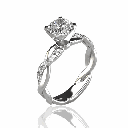 Bague solitaire en or blanc et diamant naturel sur fond blanc.