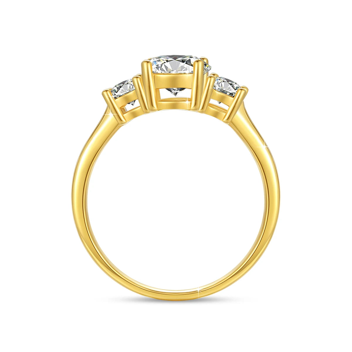 Bague trilogie diamants sertis griffes Elena en or jaune 18K rayonnant vue latérale.