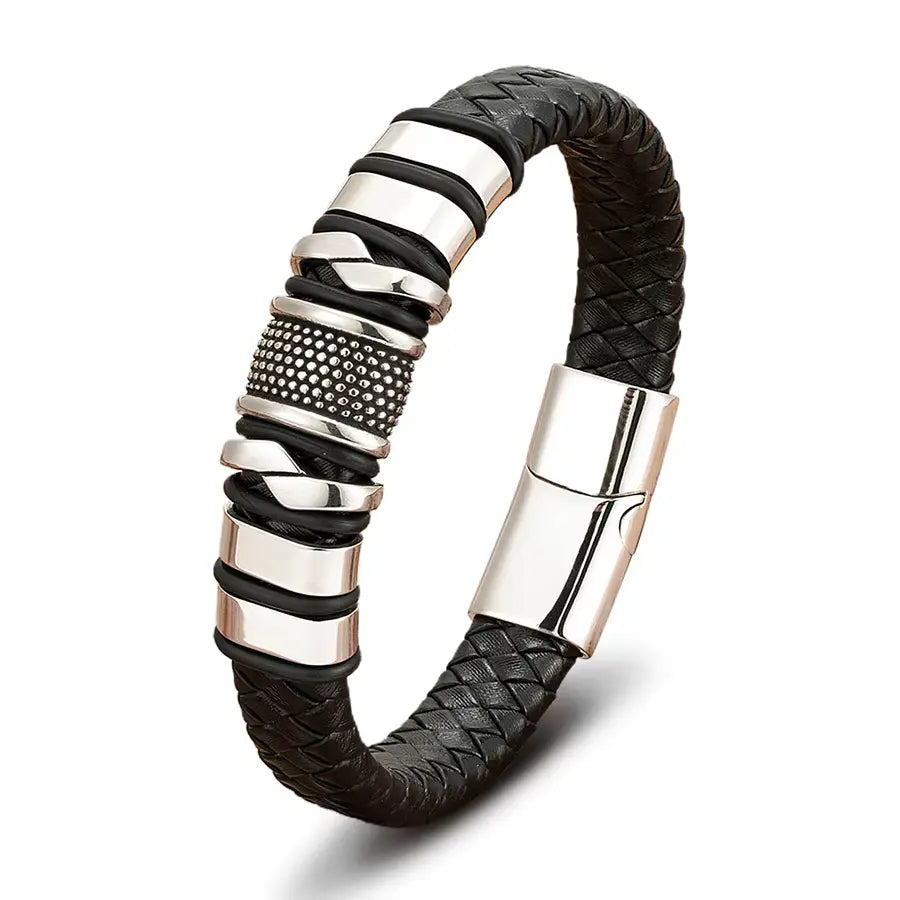 Bracelet cordon cuir tressé noir en acier inoxydable plaqué titane blanc sur fond blanc.