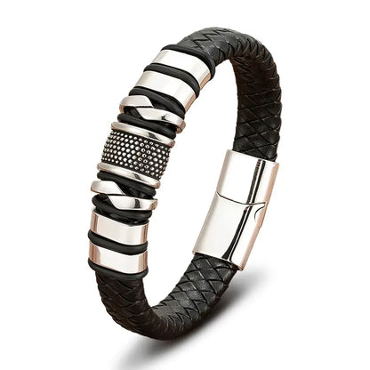 Bracelet cordon cuir tressé noir en acier inoxydable plaqué titane blanc sur fond blanc.
