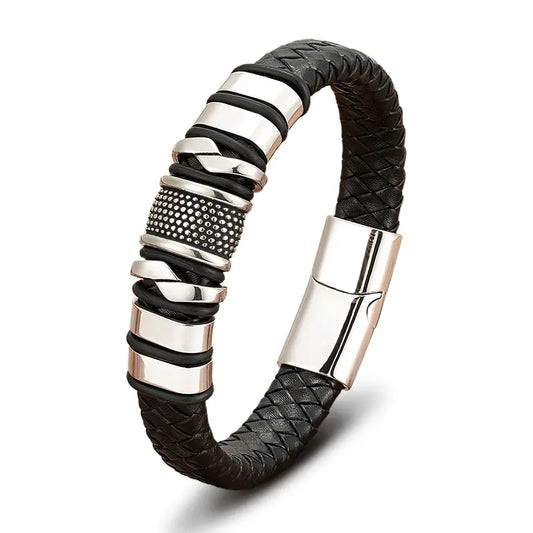 Bracelet cordon cuir tressé noir en acier inoxydable plaqué titane blanc sur fond blanc.