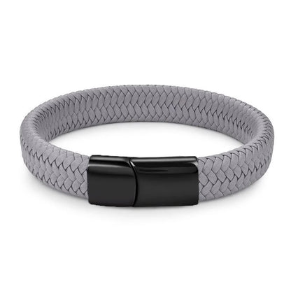 Bracelet en cuir tressé gris et acier inoxydable 316L noir sur fond blanc.