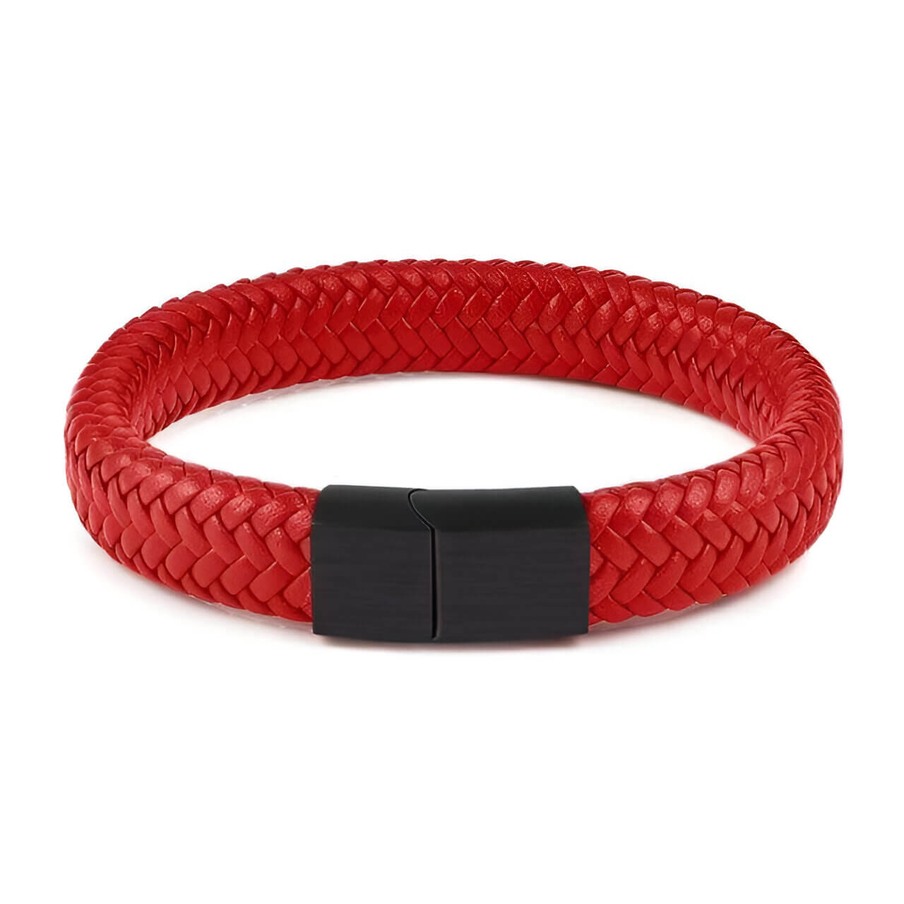 Bracelet en cuir tressé rouge et acier inoxydable 316L noir sur fond blanc.