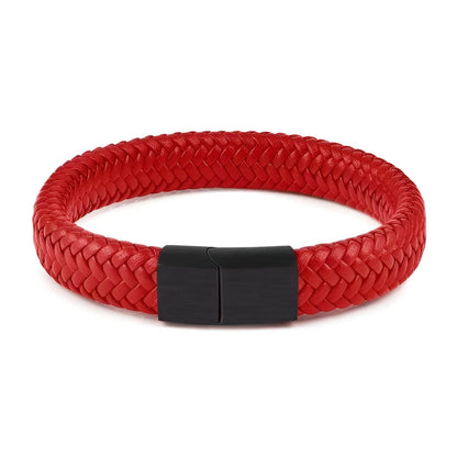 Bracelet en cuir tressé rouge et acier inoxydable 316L noir sur fond blanc.