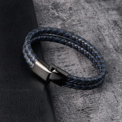 Bracelet double cordon tressé en cuir et acier inoxydable 316L variante bleu à plat.