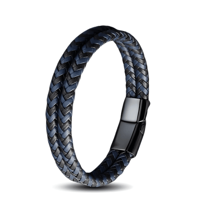 Bracelet double cordon tressé en cuir et acier inoxydable 316L variante bleu foncé sur fond blanc.