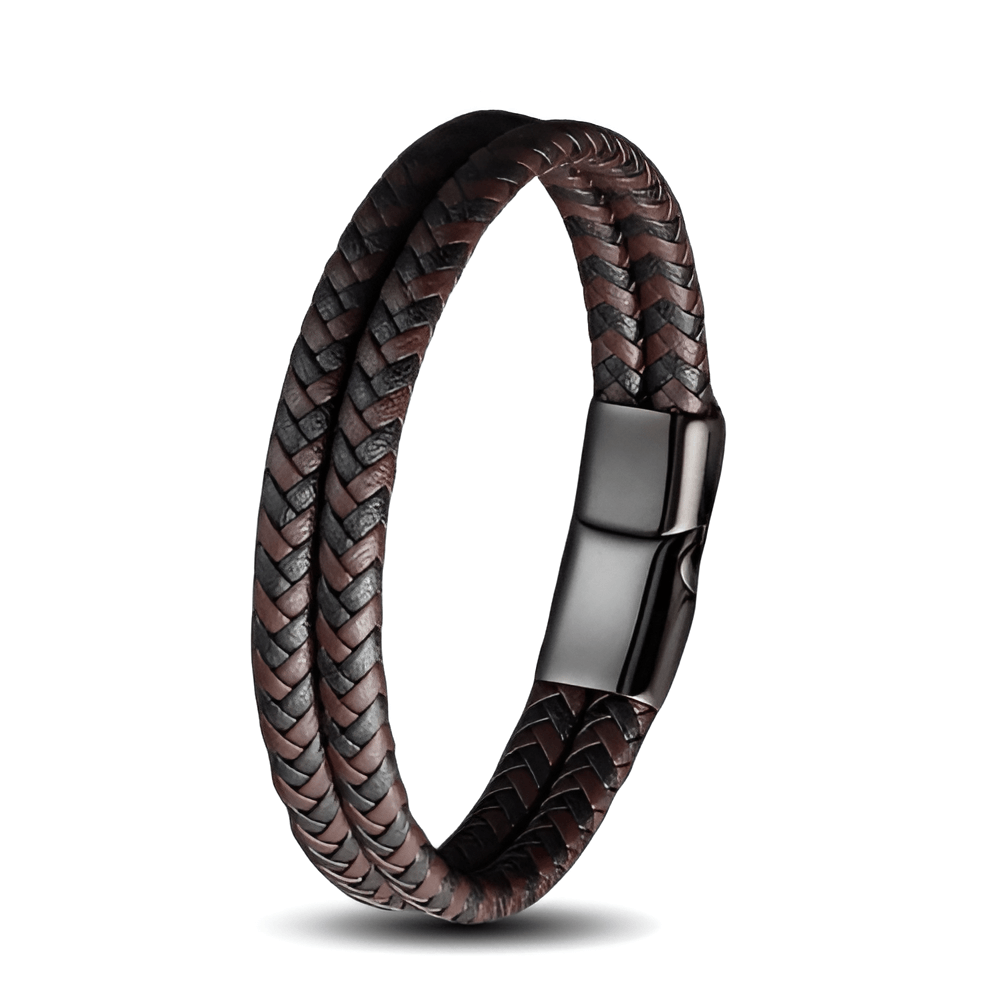 Bracelet double cordon tressé en cuir et acier inoxydable 316L variante marron sur fond blanc.