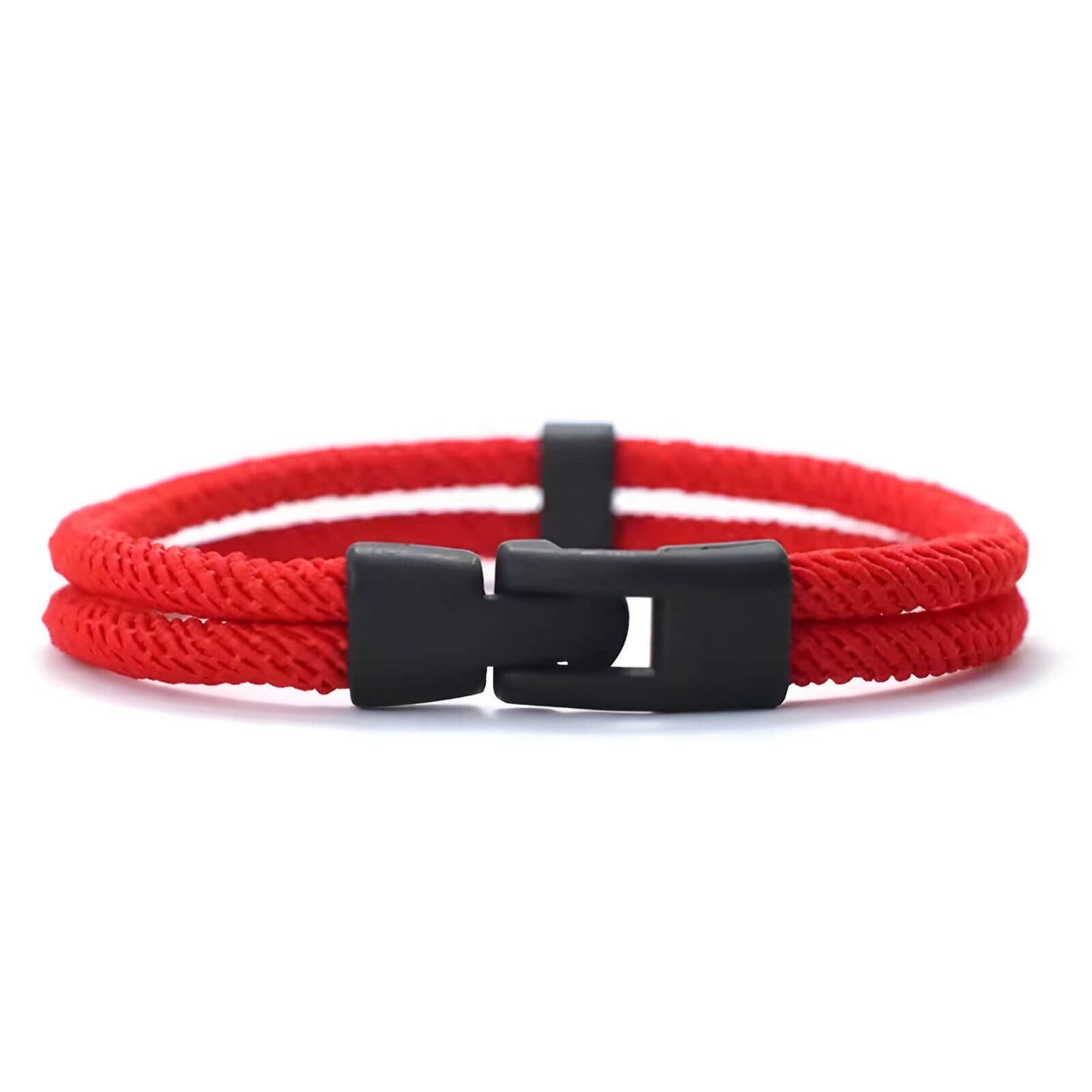 Bracelet double cordon loquet pivotant en zinc noir variante rouge sur fond blanc.