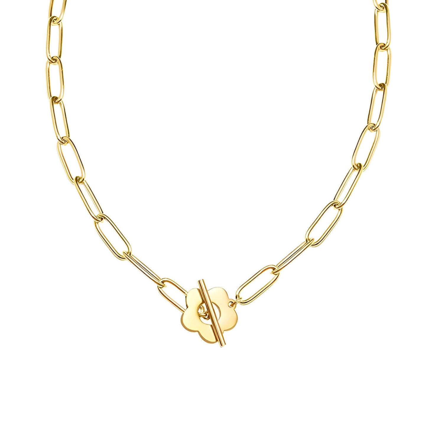 Bracelet fleur en acier plaqué or jaune sur fond blanc.