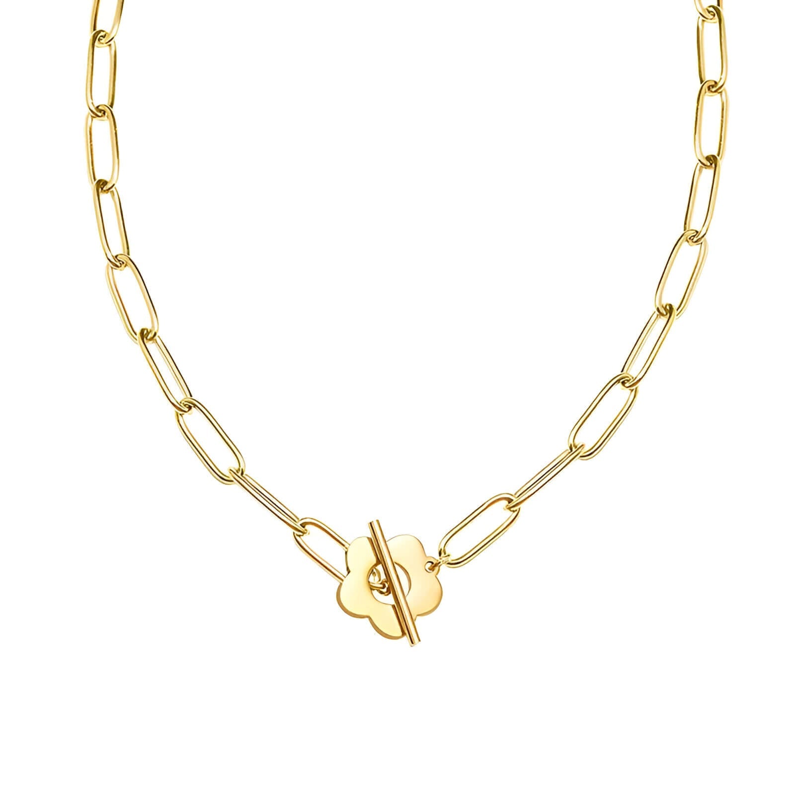 Bracelet fleur en acier plaqué or jaune sur fond blanc.