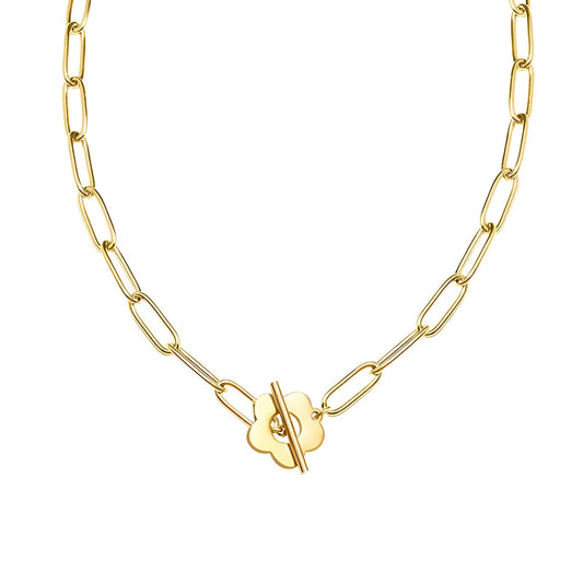 Bracelet fleur en acier plaqué or jaune sur fond blanc.