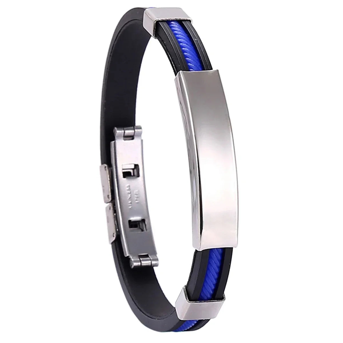 Bracelet gourmette en acier inoxydable plaqué titane blanc et silicone noir variante bleu sur fond blanc.