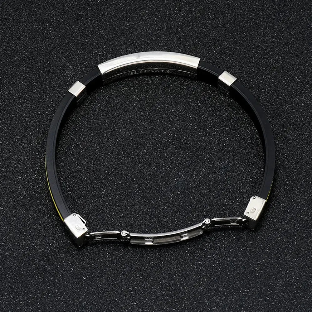 Bracelet gourmette en acier inoxydable plaqué titane blanc et silicone noir variante jaune vue du dessus.