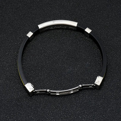 Bracelet gourmette en acier inoxydable plaqué titane blanc et silicone noir variante jaune vue du dessus.