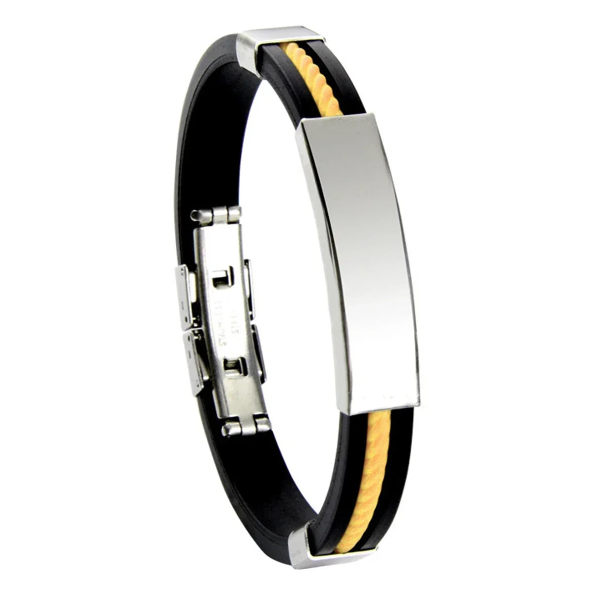 Bracelet gourmette en acier inoxydable plaqué titane blanc et silicone noir variante jaune sur fond blanc.