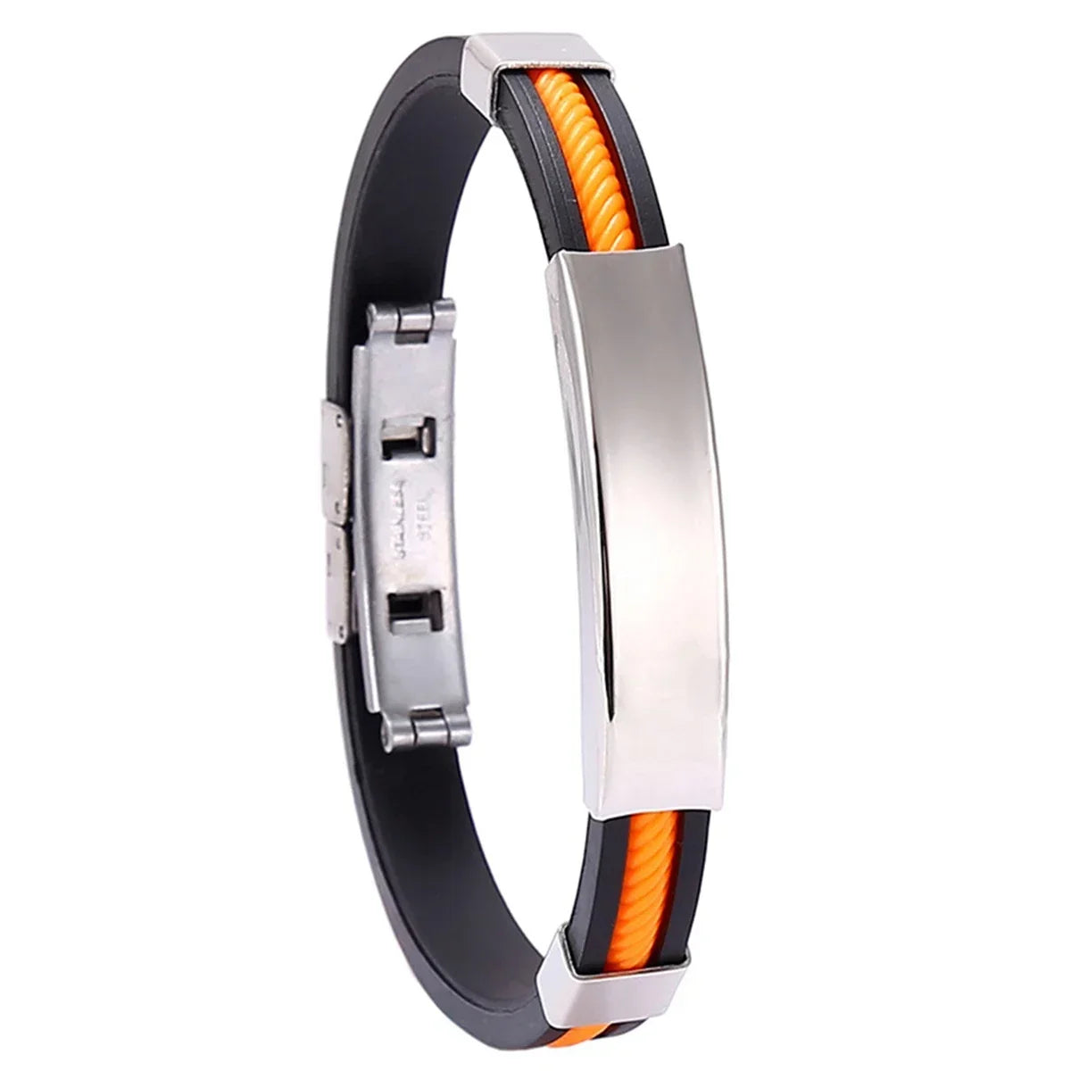 Bracelet gourmette en acier inoxydable plaqué titane blanc et silicone noir variante orange sur fond blanc.
