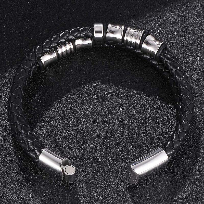 Bracelet homme en cuir tressé noir et acier inoxydable plaqué titane blanc vue de dos.