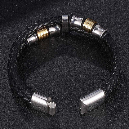 Bracelet homme en cuir tressé noir et acier inoxydable plaqué or jaune vue de dos.