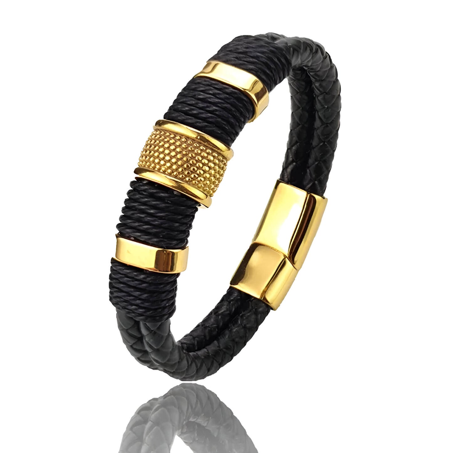 Bracelet homme vintage en cuir noir et acier inoxydable plaqué or jaune sur fond blanc.