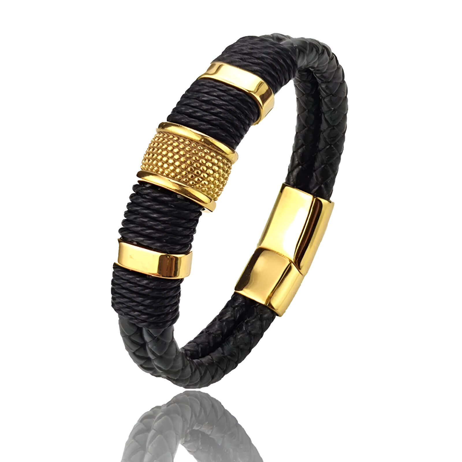 Bracelet homme vintage en cuir noir et acier inoxydable plaqué or jaune sur fond blanc.