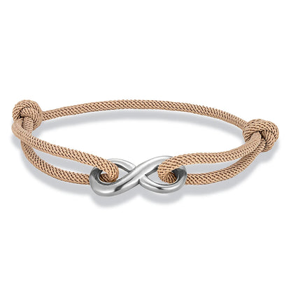 Bracelet infini ajustable en acier inoxydable blanc et cordon beige sur fond blanc.