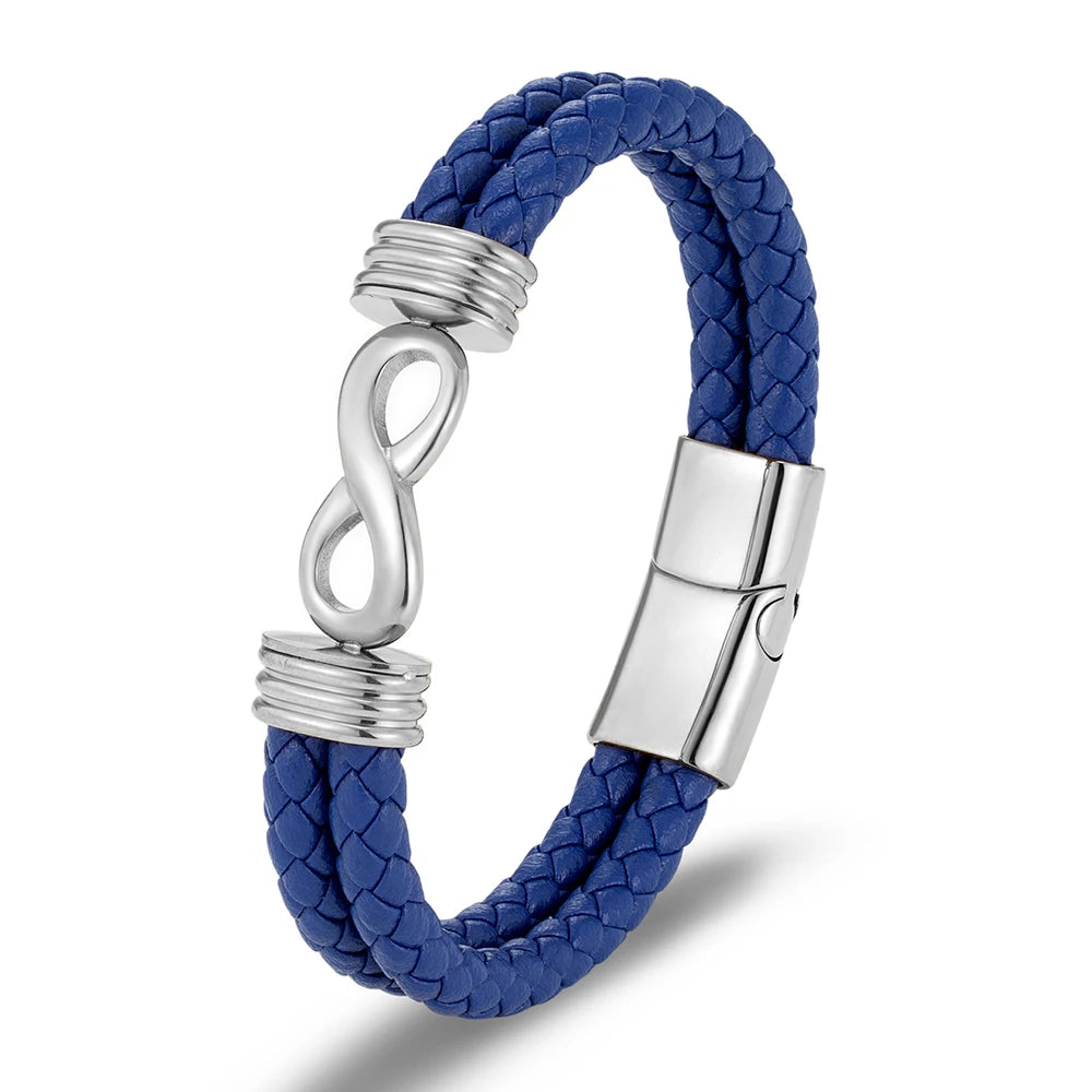 Bracelet infini en cuir bleu et acier inoxydable plaqué argent 925 blanc sur fond blanc.