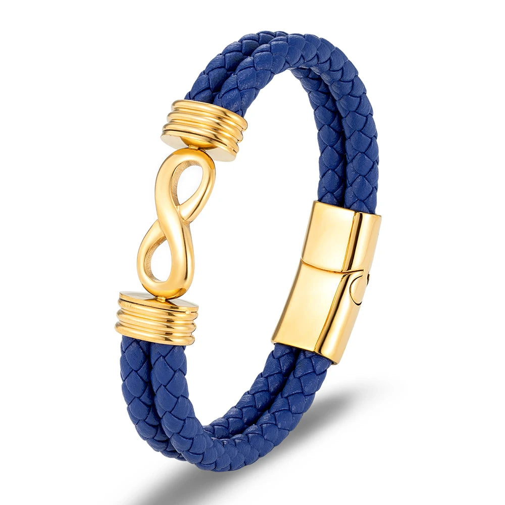 Bracelet infini en cuir bleu et acier inoxydable plaqué or jaune sur fond blanc.