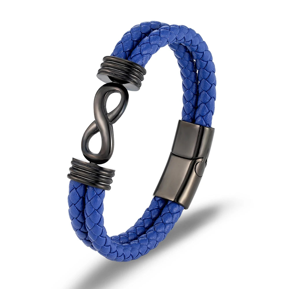 Bracelet infini en cuir bleu et acier inoxydable plaqué argent 925 noir sur fond blanc.