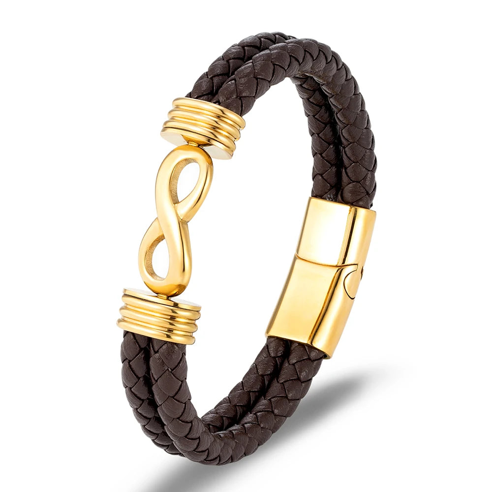 Bracelet infini en cuir marron et acier inoxydable plaqué or jaune sur fond blanc.