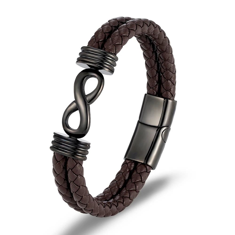 Bracelet infini en cuir marron et acier inoxydable plaqué argent 925 noir sur fond blanc.