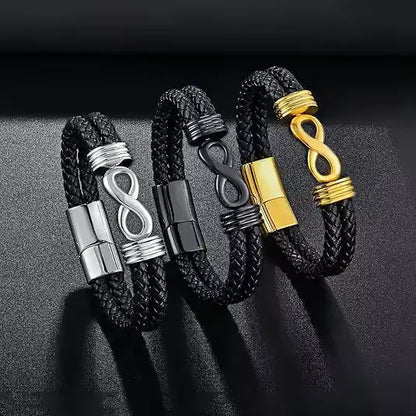 Bracelets infini en cuir noir et acier inoxydable plaqué or jaune, argent 925 blanc et noir debout.