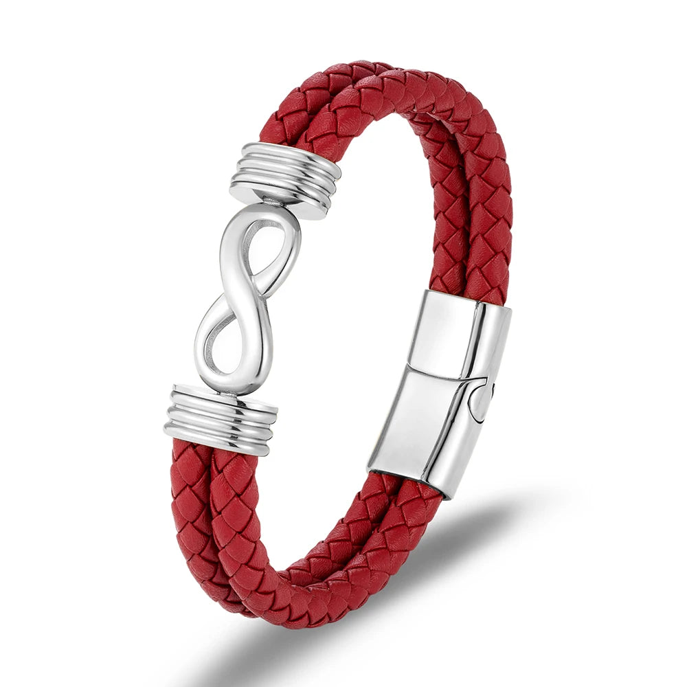 Bracelet infini en cuir rouge et acier inoxydable plaqué argent 925 blanc sur fond blanc.