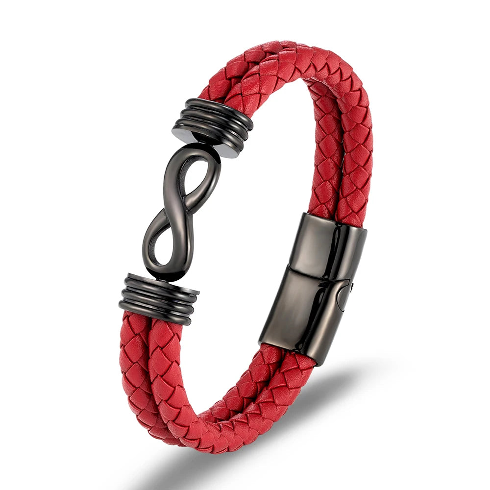 Bracelet infini en cuir rouge et acier inoxydable plaqué argent 925 noir sur fond blanc.