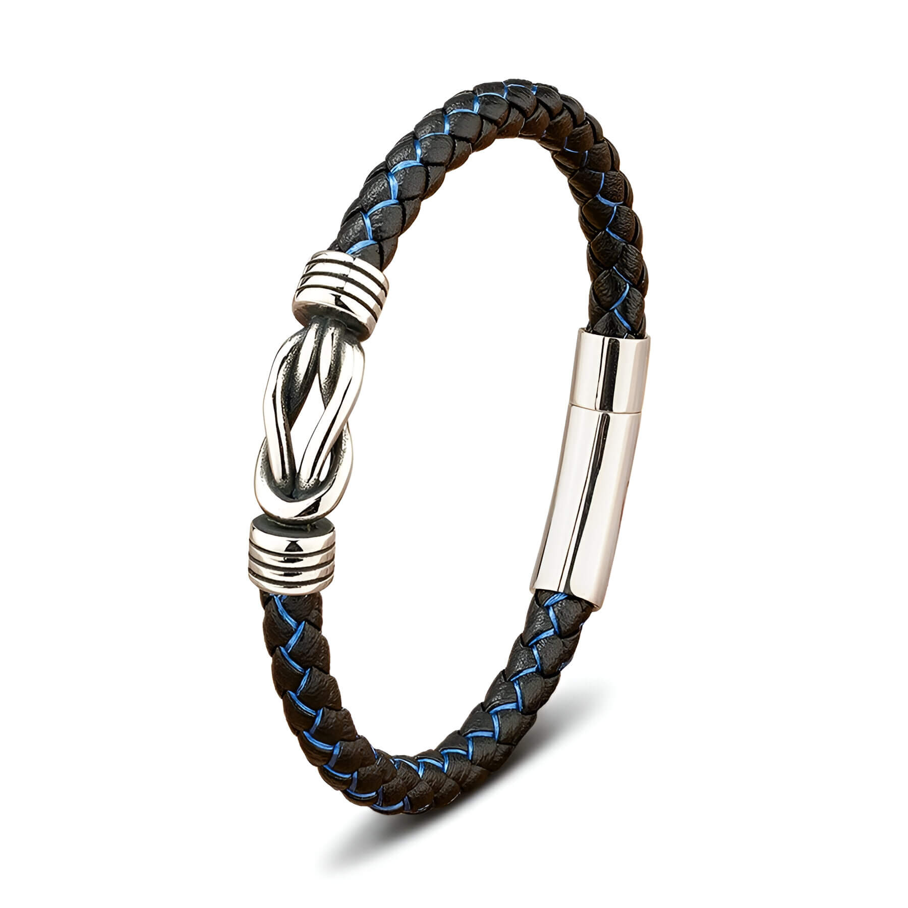 Bracelet liaison nœud argenté en cuir noir&bleu tressé et acier inoxydable plaqué titane sur fond blanc.