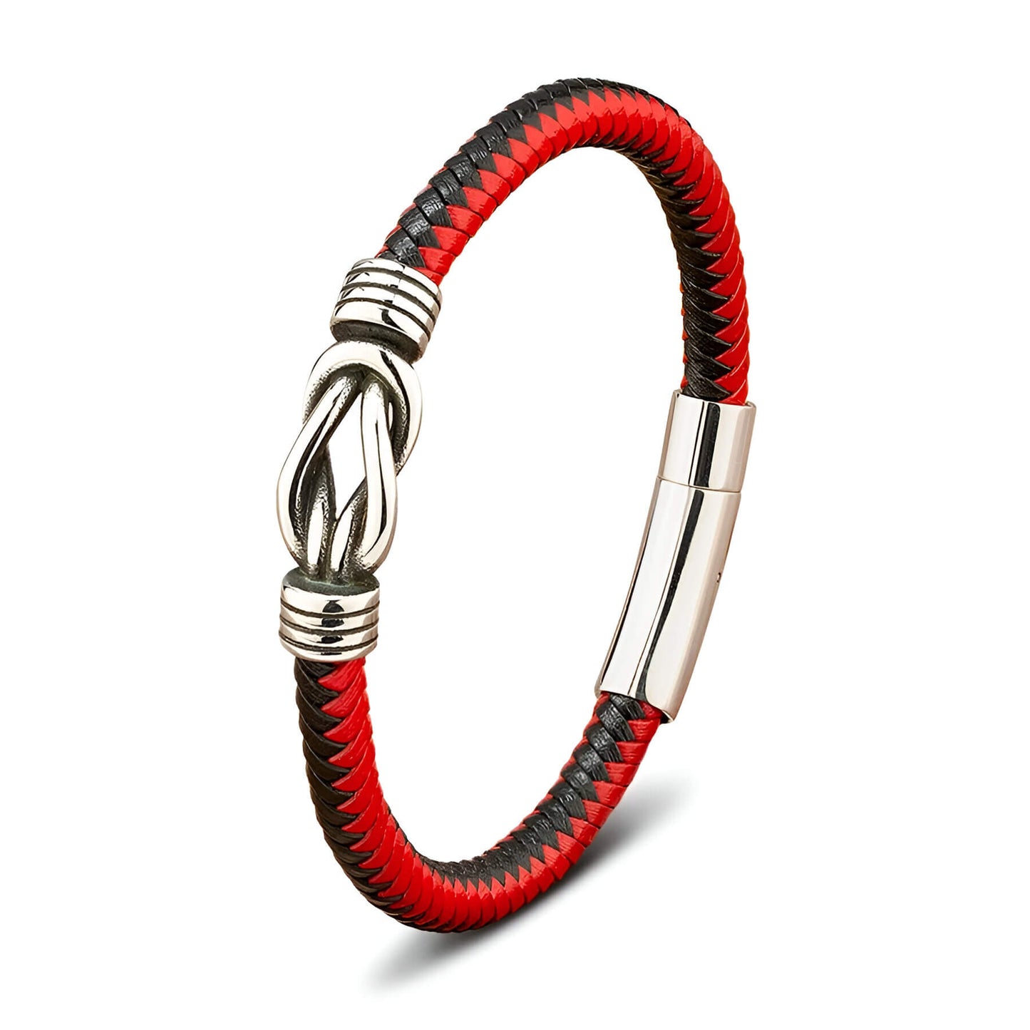 Bracelet liaison nœud argenté en cuir noir&rouge tressé et acier inoxydable plaqué titane sur fond blanc.