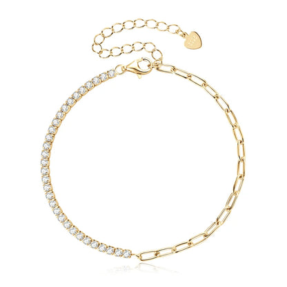 Bracelet semi-tennis maille cheval 2mm d'épaisseur en argent 925 plaqué or jaune raffiné et diamants vue du dessus.