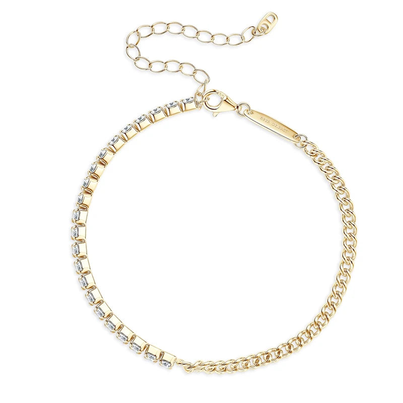 Bracelet semi-tennis maille cubaine de 3mm d'épaisseur en argent 925 plaqué or jaune et diamants vue du dessus.