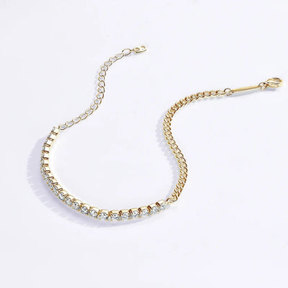 Bracelet semi-tennis maille cubaine de 3mm d'épaisseur en argent plaqué or jaune et diamants étalé.