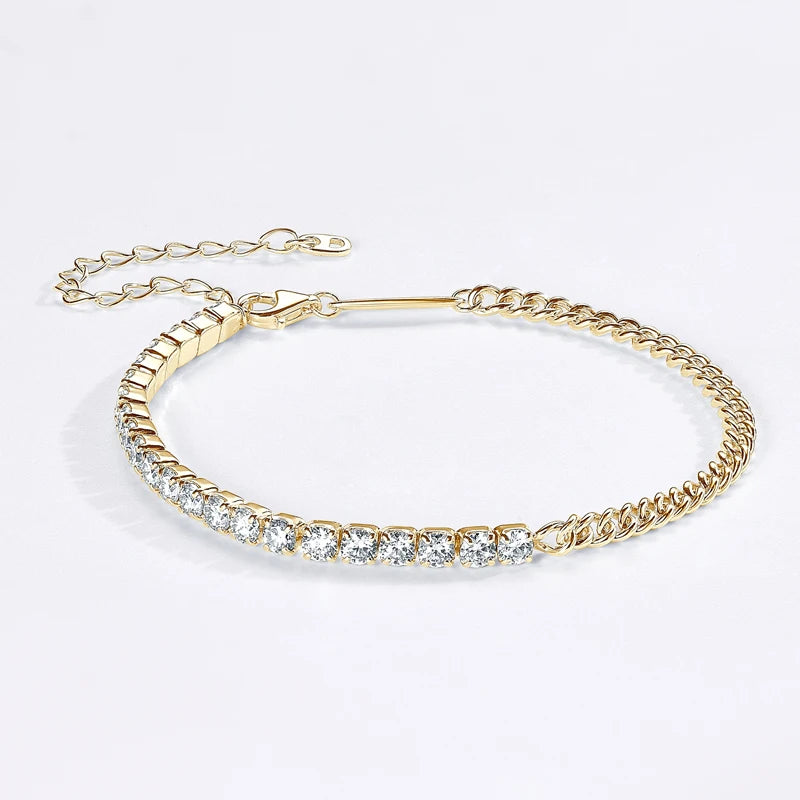 Bracelet semi-tennis maille cubaine de 3mm d'épaisseur en argent 925 plaqué or jaune et diamants à plat.