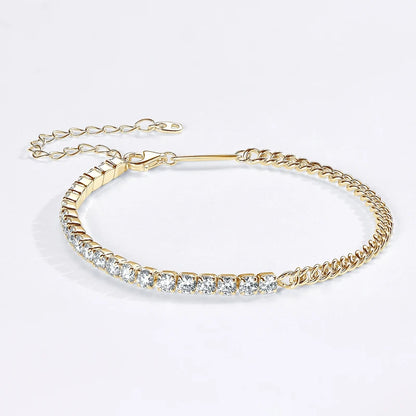Bracelet semi-tennis maille cubaine de 3mm d'épaisseur en argent 925 plaqué or jaune et diamants à plat.