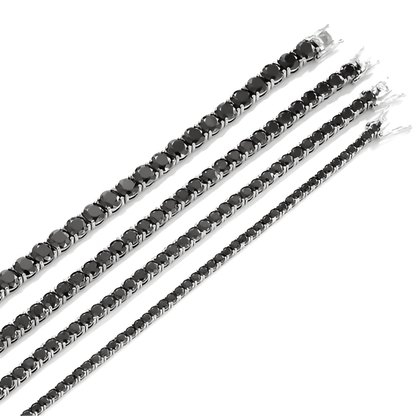 Toutes les variantes du bracelet tennis diamants noirs de moissanite 0.1ct, 0.3ct, 0.5ct et 1ct en argent 925 plaqué or blanc à plat.