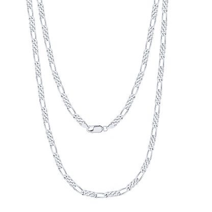 Chaîne figaro en argent 925 plaqué or blanc sur fond blanc.