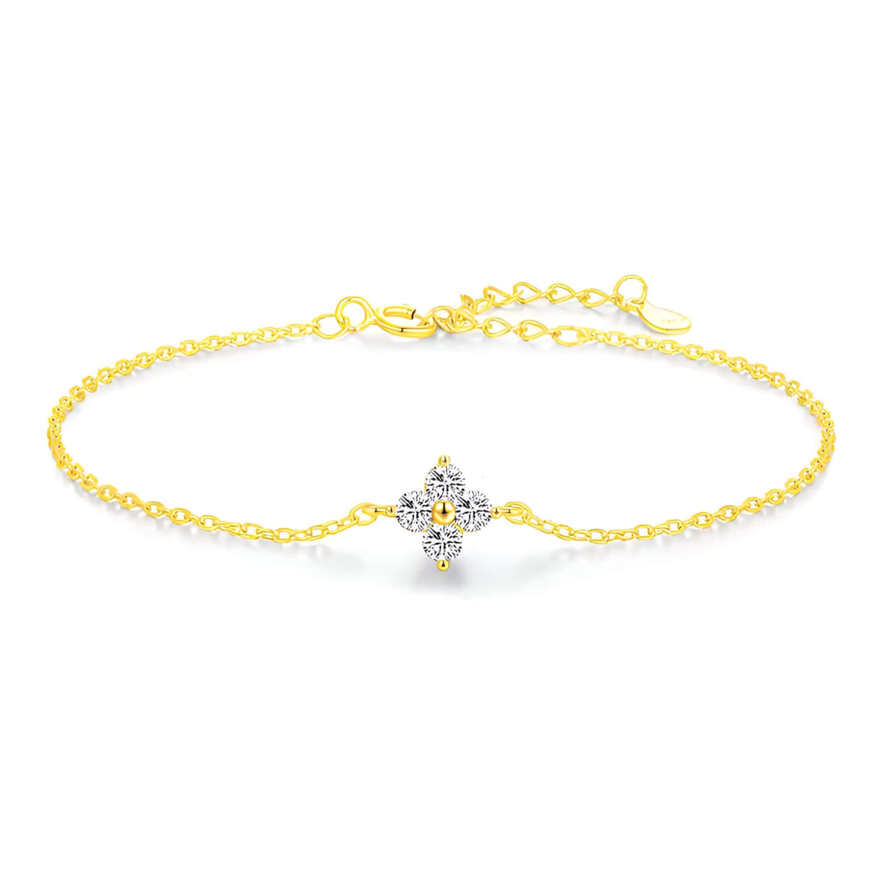 Chaîne fleur solitaire en or jaune et diamants synthétiques sur fond blanc.